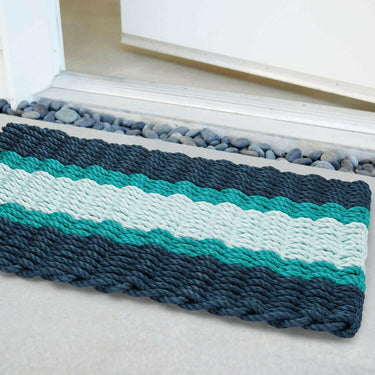 Lobster Rope Doormats, Outdoor Door Mats, Wicked Good Door Mats Made in Maine, Navy, Teal, Seafoam, Angled View in Front Door